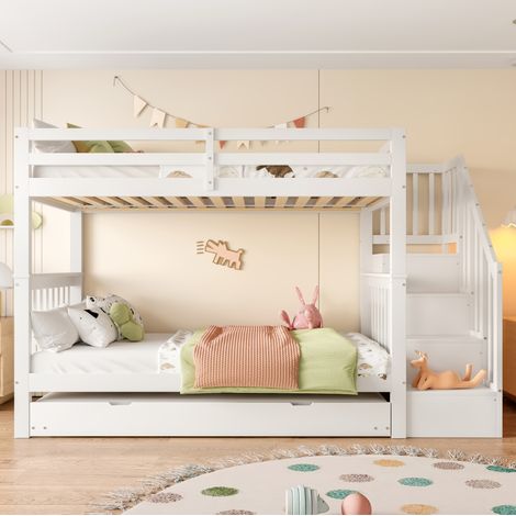 Litera infantil 90x200 cm con cama nido extraíble, estantería en escalera, barandillas altas, diseño blanco y robusta en pino y MDF - CHICFURN para dormitorio juvenil (1/5)