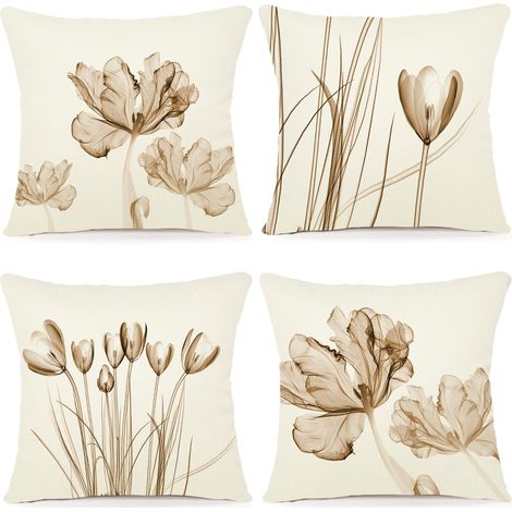 Lot de 4 Housse Coussin 60x60 Florale Peinture à l'aquarelle Housses de Coussin Décoratives en Coton Lin Taie Oreiller de Canapé Housse De Coussin carré pour Lit Voiture De La Maison Canapé (1/5)