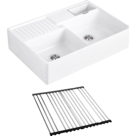 Evier timbre d'office VILLEROY ET BOCH Tradition 2 bacs 89,5 x 63 céramique vidage manuel blanc + Egouttoir déroulable