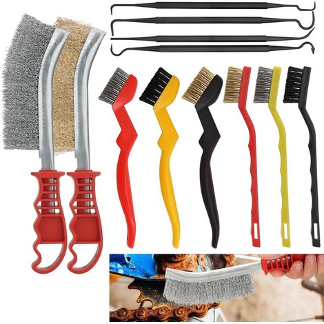 12 Pièces Brosse Metallique, Brosses Métalliques en Acier Inoxydable, Laiton, Carbone, Nylon, 4 Crochets à Double tête, Brosse Nettoyage pour Décapage de Soudure,Anti Rouille et Dépoussiérage (1/5)