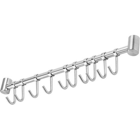 Crochet Barre de Cuisine en Acier Inox,53cm avec 10 Crochets Amovible pour Suspendre les Ustensiles de Cuisine ou Salle de bain