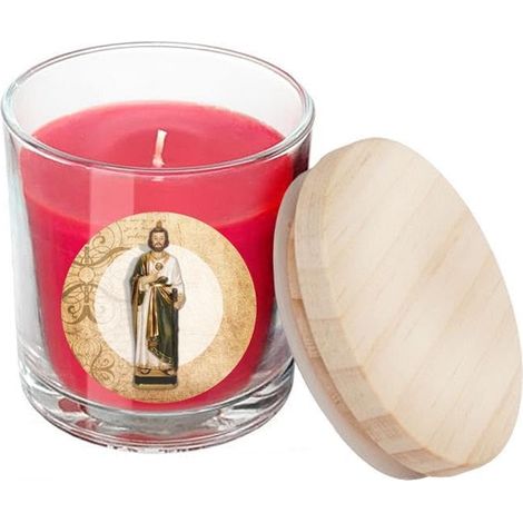 Bougie de Saint Judas Thaddée rouge Bocal en verre avec couvercle dans une boîte avec l'Histoire 7 x 7 x 8,5 cm