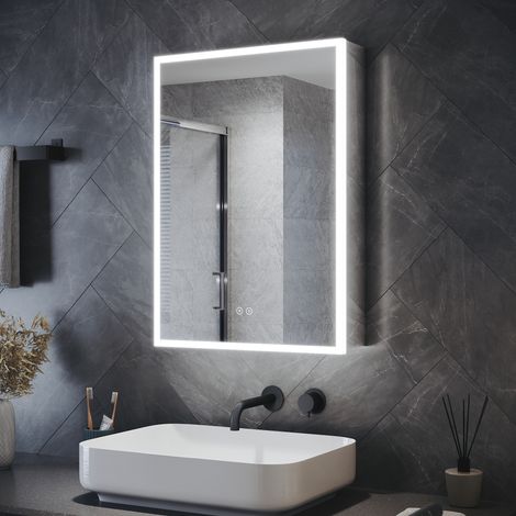 ELEGANT Bathroom Mirror Cabinet LED Illuminated Stainless Steel Cabinet Acrylic Light Strip 500 x 700mm with Demister Pad, Touch Sensor, Shaver Socket (1/5)