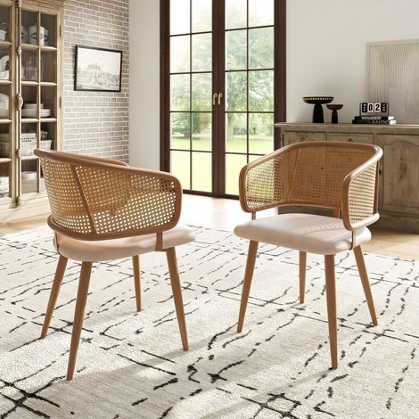 Lot 2 chaises séjour - Dossiers rotin - Coussins PU - Confortables et respirantes - Style moderne simple - Pour restaurant, salon, café (1/5)