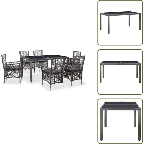 Rattan PE - vidaXL Set da Pranzo da Giardino 7 pz in Polyrattan Grigio - Tavolo in vetro temperato