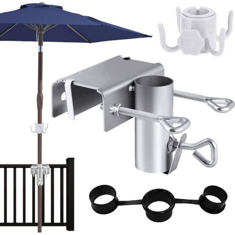 1 Sonnenschirmständer, robustes Metall, verstellbar, mit Becherhalter und Haken, für Balkon und Tisch (1/5)