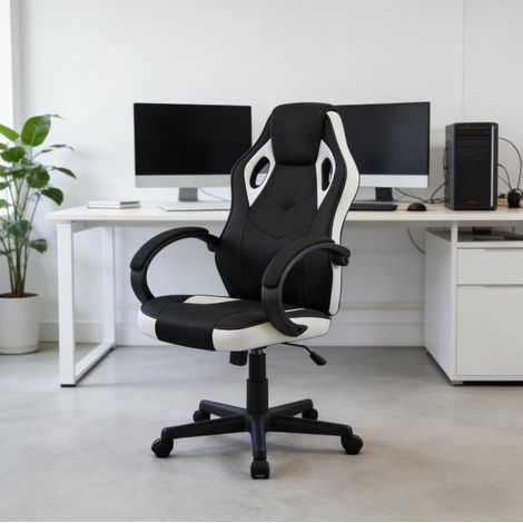Silla de oficina ergonómica, respaldo alto, altura ajustable, malla y PU negro y blanco (1/5)
