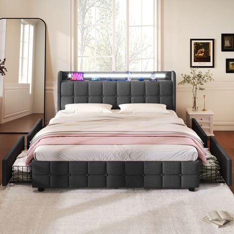 Letto imbottito con funzione di ricarica USB, testiera e illuminazione a LED e 4 cassetti, letto matrimoniale 140x200 cm, vano portaoggetti, giroletto, rete a doghe in legno, grigio (senza materasso) (1/5)