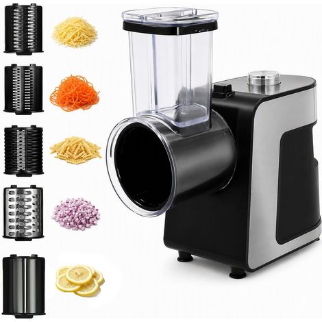 Cortador eléctrico de verduras de 1000 W con 10 cuchillas de recambio, rallador eléctrico de verduras 5 en 1, rallador de cocina, rallador de verduras, cortadora con función de corte en ráfagas para p (1/5)