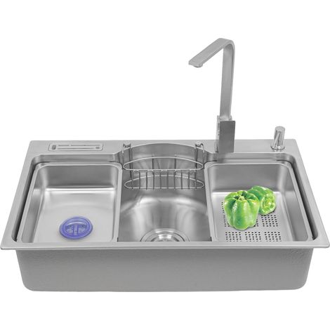 Fregadero de cocina multifuncional de acero inoxidable - Con cesta para platos - Soporte para cuchillos - Dispensador de jabón - 78 x 22 x 48 cm - Fregadero empotrado con escurridor - Desagüe con form (1/5)