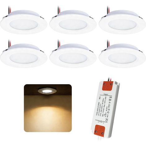 Lot de 6 Spot LED Encastrable Extra Plat 3W 12V, Plafonnier Lampe Salle de Bain Avec Un Transformateur 230 V, Trou Ø55mm-58mm Deckenleuchte Badezimmer Salon Cuisine Rond(Blanc Blanc Chaud) (1/5)