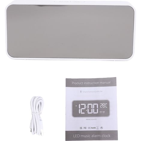 Réveil miroir LED avec commande vocale, 13 sonneries de réveil, double alarme, fonction snooze, batterie rechargeable 1200 mAh, affichage 12/24 h °C/°F, commande tactile, idéal pour la chambre, le sal (1/5)