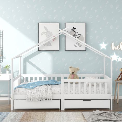 Kinder-Hausbett mit Rausfallschutz und 2 Schubladen, Massivholz weiß, 90x200 cm, mit Lattenrost (1/5)