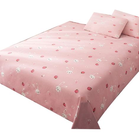 Draps de lit mignons imprimés et teints en fibres chimiques, motif dessin animé lapin rose et blanc, 2,2 x 2,3 m (convient aux lits de 1,8 m). (1/5)