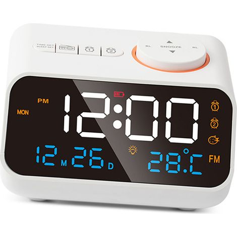 Radio-réveil multifonction rechargeable à LED avec alarme musicale, radio FM et réglage rotatif des stations, blanc. (1/5)