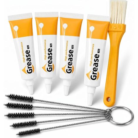 Grasso siliconico per stampanti 3D, grasso meccanico di precisione, kit di manutenzione con 5 pennelli di dettaglio e 1 pennello grande da 20 mm per guide, assi lineari, ingranaggi, giallo, 10 pezzi