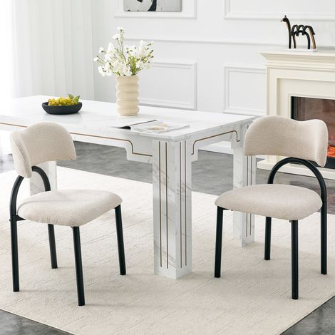 Set di 2 sedie da pranzo imbottite con schienale curvo, struttura in metallo nero, tessuto beige (1/5)