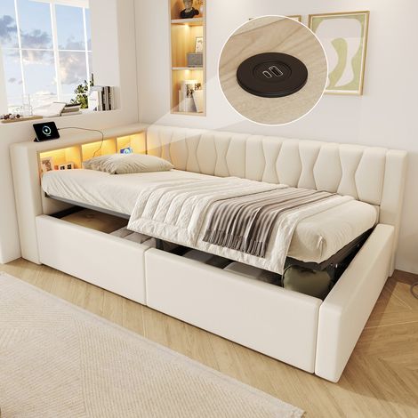 Lit banquette coffre 90x200 cm avec rangement hydraulique, canapé-lit avec LED dimmable, étagère pratique, port USB, lit gain de place, beige (1/5)