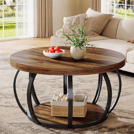 Tribesigns Round Coffee Table, Industrial 2-Tier Circle Coffee Table with Storage Shelves, Modern Wooden Accent Center Table Sofa Side Table for Living Room (Brown)