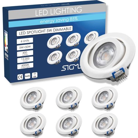 6 Spots LED Encastrables, 5W dimmable, 450 lm, lumière Froide 6000K, SPOT LED de Plafond Orientable, Extra Plat, Gradable, cuisine, salon, intérieur, 220V 230V, trou Ø 70-80 mm (1/5)