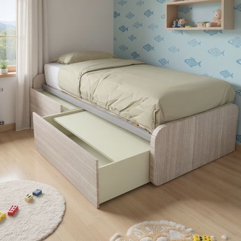 Letto singolo con cassetti 80x190 per cameretta - Design personalizzabile - Rovere rock