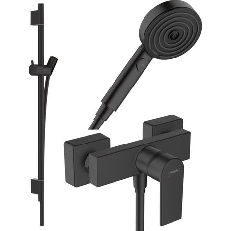 HANSGROHE Pack mezclador mecánico de ducha Vernis Shape + barra Unica S Puro + flexible + rociador Pulsify Select 3 jets negro mate
