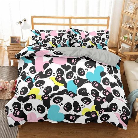 Bettwäsche Set 220x240cm mit 2 Kissenbezügen 80x80cm, Panda Motiv, Mikrofaser