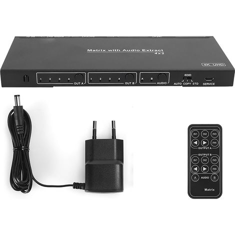4x2 HDMI-Matrix in schwarzer Aluminiumlegierung mit optischem und analogem Audioausgang (100–240 V) (1/5)