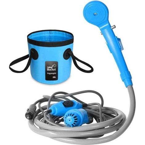 Douche portable de camping – Pompe immergée rechargeable 2200mAh – Débit constant 0,9 GPM – Seau pliable et 2 têtes de douche incluses (1/5)