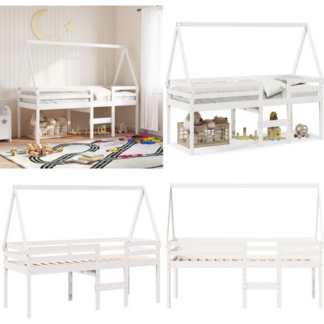 Cama alta con techo madera maciza de pino blanca 90x190 cm - Cama con techo - Cama para niños