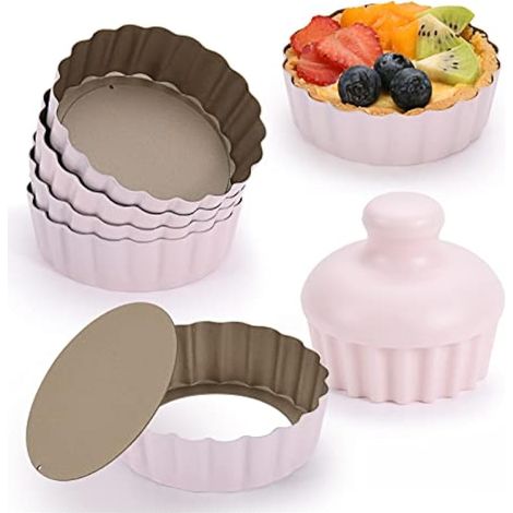 Mini moules à tarte avec fond amovible, mini moules à quiche ronds pour la cuisson, moules à gâteau antiadhésifs pour tartes, gâteaux en mousse, pâtisserie à dessert (rose) (1/5)