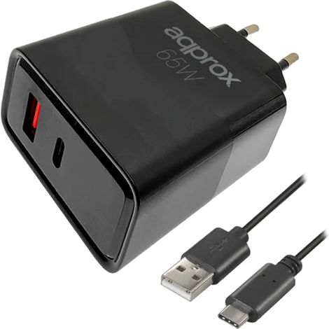 CARGADOR USB DE VIAJE/PARED 1xUSB/USB-C + CABLE USB-A A USB-C 65W NEGRO APPROX