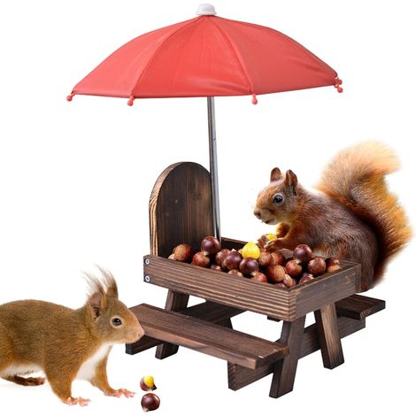 Eichhörnchen-Futterstation mit Regenschirm: Holz-Picknicktisch mit Maiskolbenständer, wetterfest für Eichhörnchen, Streifenhörnchen, Wildtiere