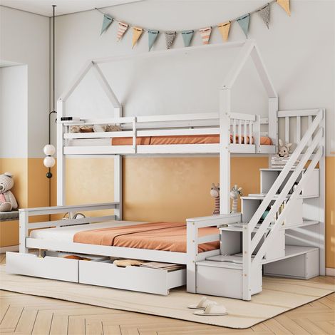 Lit superposé en bois de pin et MDF - 90x200 cm + 140x200 cm - avec échelle de rangement et 2 tiroirs - Blanc (1/5)