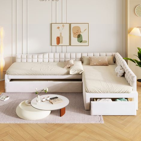 Lit d’angle rembourré avec lit gigogne 3 couchages 90x200+90x200+90x190cm,tiroirs,lit banquette en L,MDF et flanelle,beige (1/5)