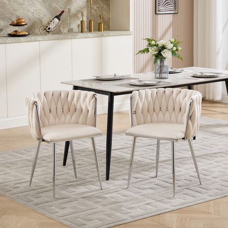 Chaise de salle à manger en velours Ivoire tressé, fauteuil moderne pieds argentés, pour salon cuisine coiffeuse, lot de 2 pièces 55x50x75 cm (1/5)