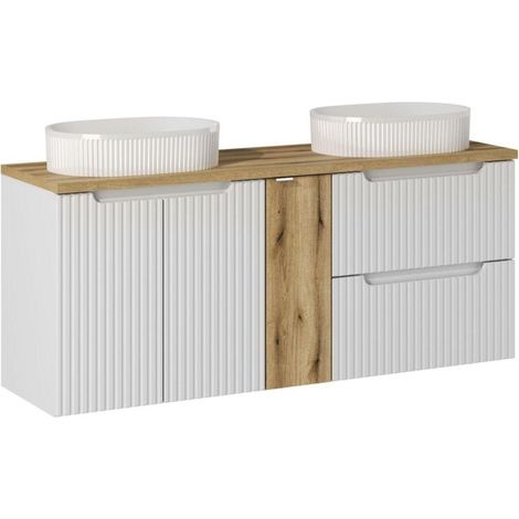 Conjunto de baño VANO blanco 140cm: muebles bajo lavabo con cajones y armarios + dos lavabos para colocar con ranuras