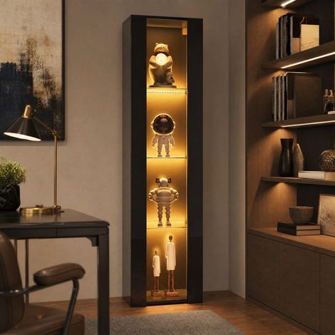 40 x 29 x 170 cm, multifunktionale Vitrine, Glasböden, LED-Farbwechselbeleuchtung, APP-Steuerung, Acrylplatte, wandmontierbar, minimalistisches Design, schwarz.