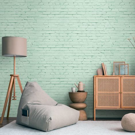 Fotomural Profhome 398281 papel pintado vinílico estampado en caliente tejido non tejido liso de aspecto ladrillo mate turquesa verde azul 1,59 m x 2,8 m
