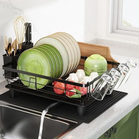 Escurridor de platos de cocina, escurridor de platos de acero inoxidable con soporte para vasos y utensilios, negro, secador de platos con almacenamiento y drenaje automático (1/4)