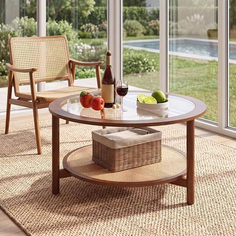 Round Coffee Table in Tempered Glass and Wood, Shelf (1/5)