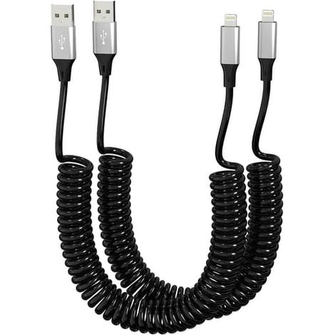 Lot de 2 câbles spiralés pour chargeur de voiture Lightning pour iPhone, compatibles avec Apple CarPlay, câble USB vers Lightning spiralé avec synchronisation des données, câble spiralé court (1/5)