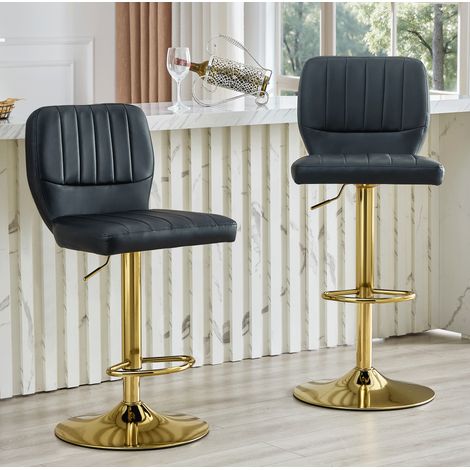 Set mit 2 360° schwenkbaren Barhockern mit geschwungener Rückenlehne, höhenverstellbar, goldfarbener Rahmen, schwarzes Kunstleder (1/5)