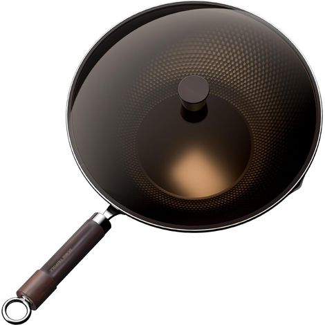 Carbon Steel Wok - Flat Bottom Pre-Seasoned Non Stick Wok with Glass Lid - For All Stoves - 30cm (1/5)