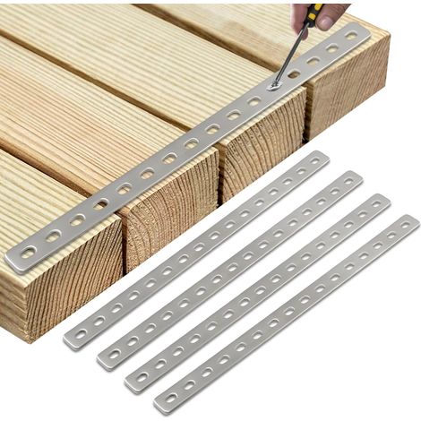 Juego de 4 conectores planos de acero inoxidable con orificio oblongo - 408 x 24 mm - Conector plano cuadrado de 16 orificios - 3 mm de espesor - Placas de acero inoxidable perforadas - Conector de me (1/5)