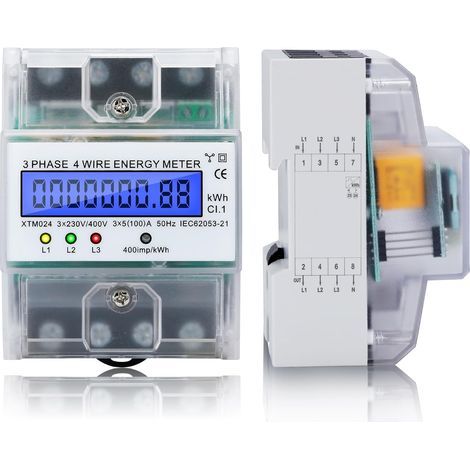 Compteur d'Energie Electrique Courant Triphasé 4 Fils, Compteur électrique numérique 5-100 A Compteurs à cristaux liquides numériques à Rail Din (1/5)