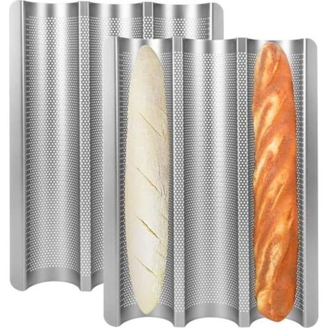 Moule à baguettes antiadhésif, lot de 2 pour 3 baguettes, 38 x 28 cm, moule argenté pour pain français, cadeau idéal pour les amateurs de pâtisserie. (1/5)