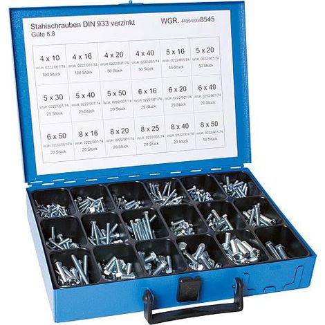 Mallette d'assortiment compose de Vis a tete hexagonale DIN 933 8.8 galvanisées (1/4)