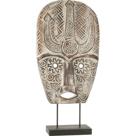 Masque décoratif sur pied en bois naturel style ethnique - Bois naturel sculpté et blanc patiné (1/2)