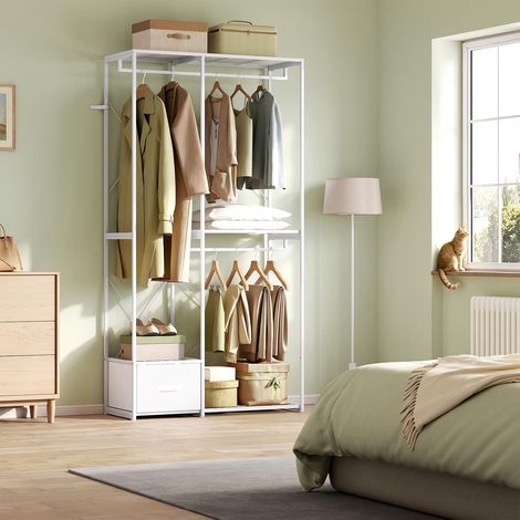 WOLTU Coat Rack 2 Bars, 3 Shelves and 1 Fabric Drawer Clothes Rails Stand Garment Storage Organizer White (1/5)